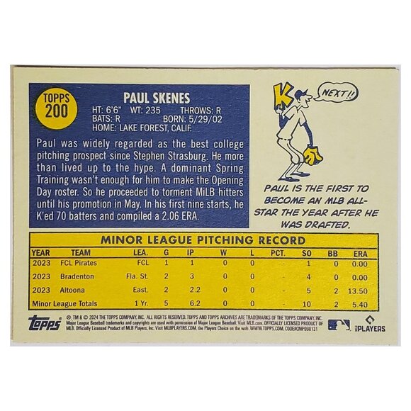 PAUL SKENES ROOKIE 2024 TOPPS ARCHIVES #200, PIRATES, ROY, 1970 DESIGN, CY, ROY! - Picture 2 of 3